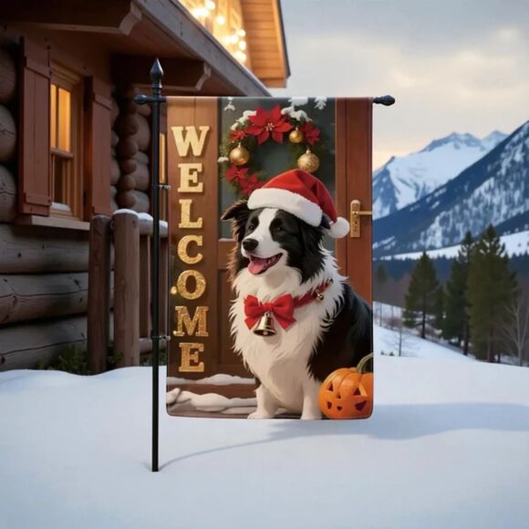 Other - Christmas Garden Flag 12x18 – Black and White Border Collie Dog Santa Hat